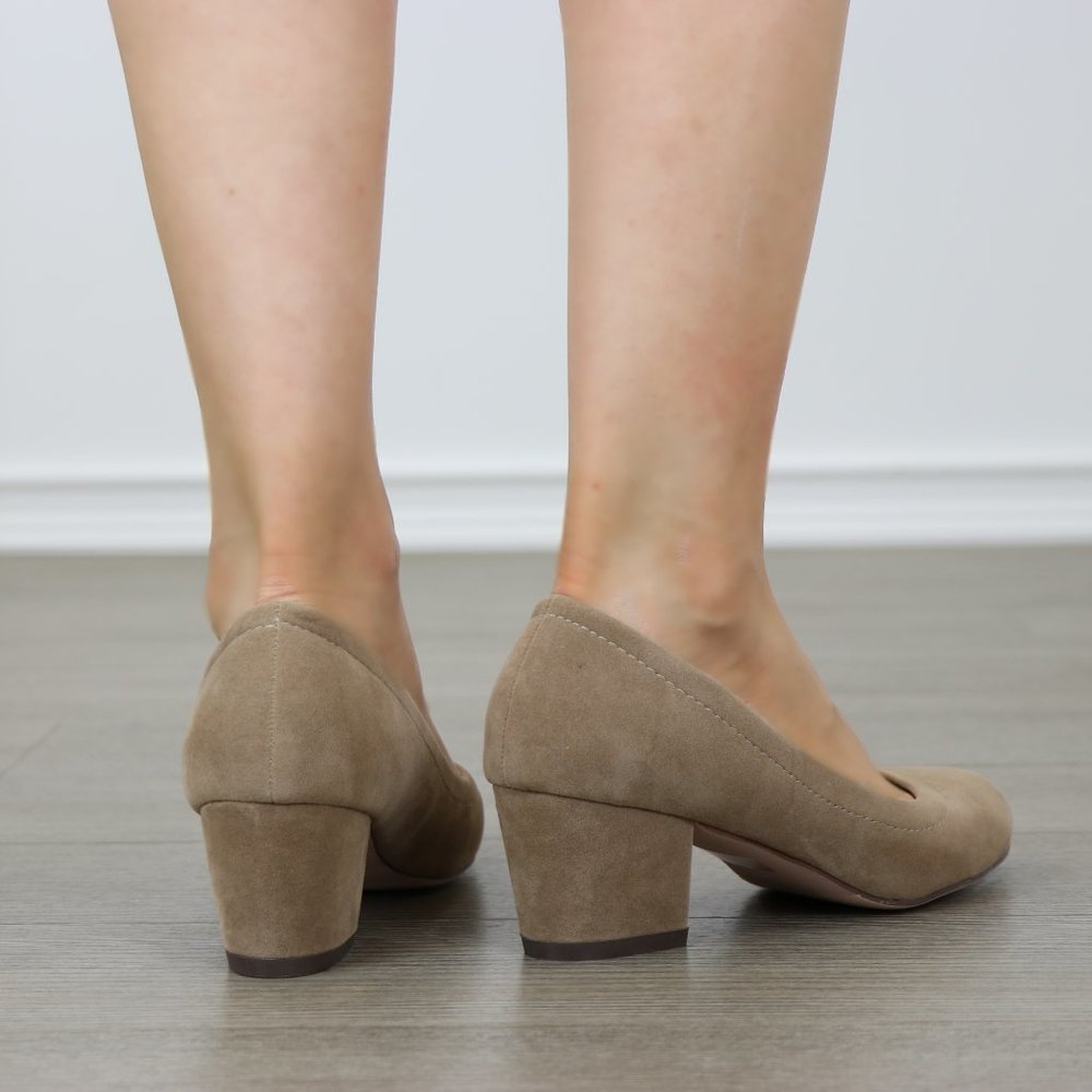 Taupe Vegan Suede Round Toe Chunky Heel Pump - Picture 3 of 6